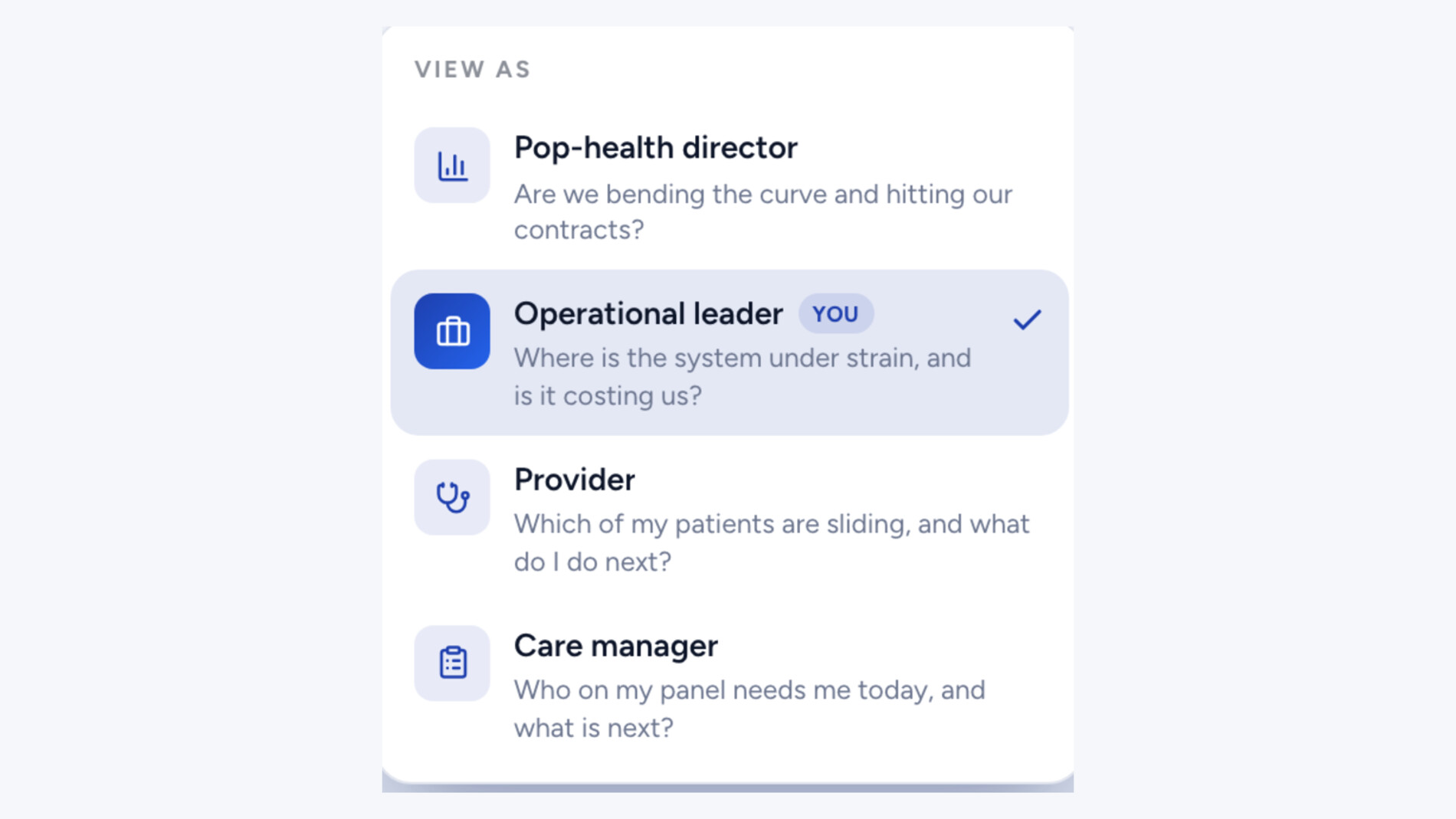 The Care Hub role picker, listing four views of the same workspace: pop-health director, operational leader, provider and care manager, each labelled with the question that view answers.