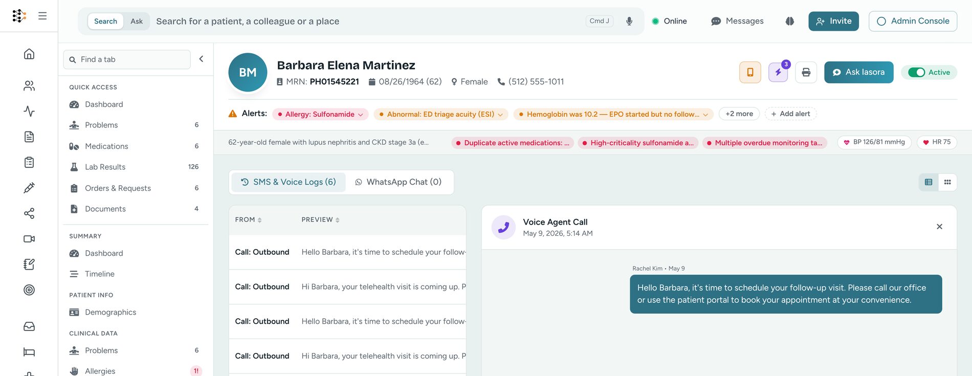 A patient chart with an SMS and voice log tab open, showing the outbound calls made to that patient alongside their problems, medications and results.