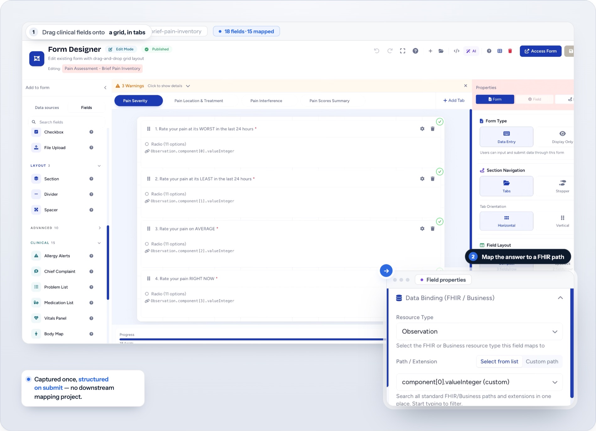 A form designer where clinical fields are dragged onto a grid and each answer is pointed at a FHIR path.