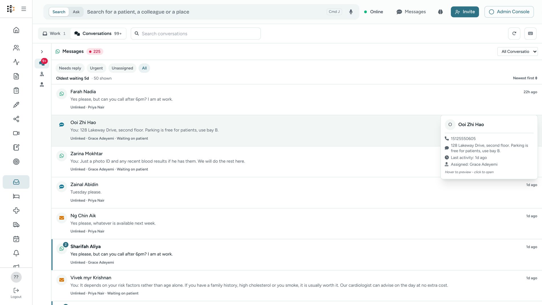 One inbox listing WhatsApp, SMS and email conversations together, each row showing its channel, its owner and whether it is linked to a patient.