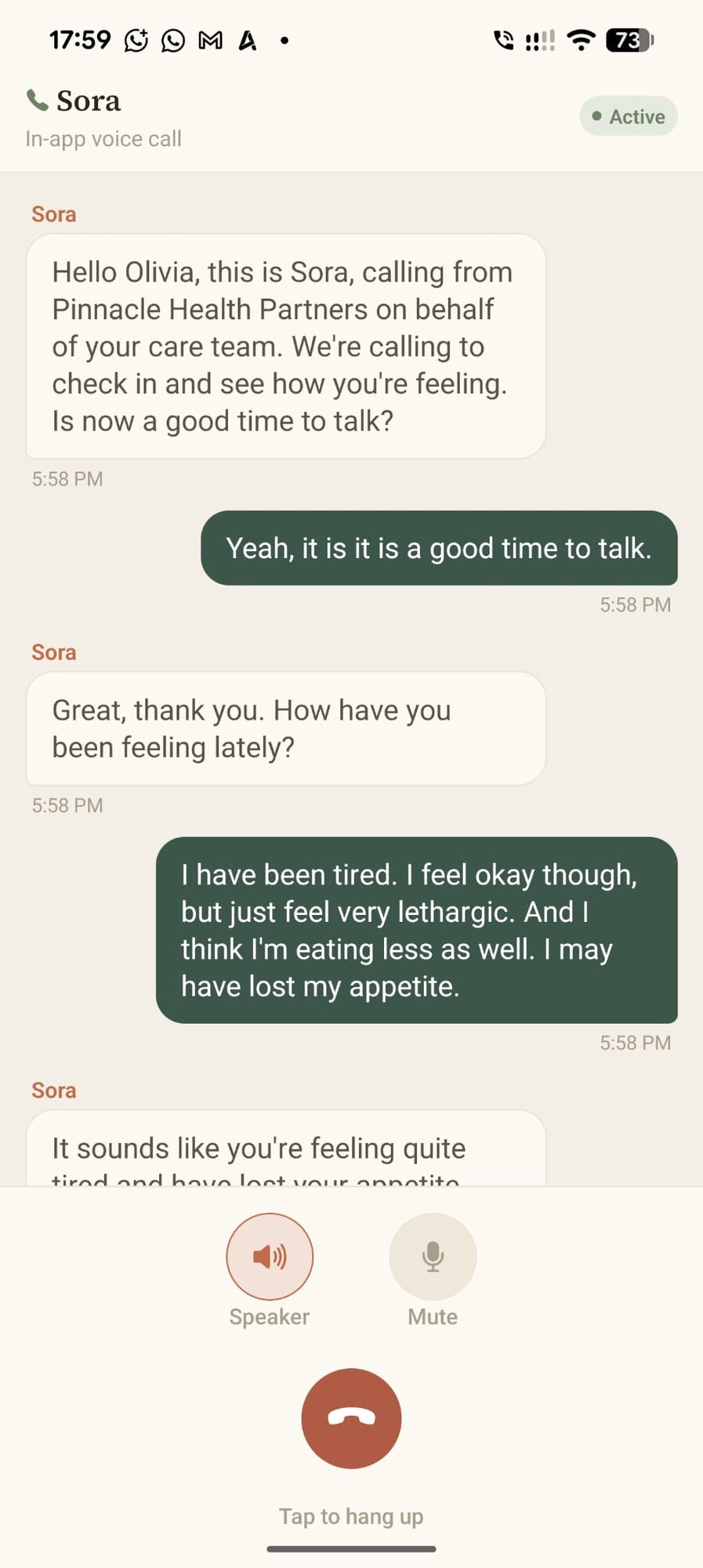 A post-discharge check-in call on a phone, Sora asking how the patient has been feeling and the patient replying that they have been tired and lost their appetite.