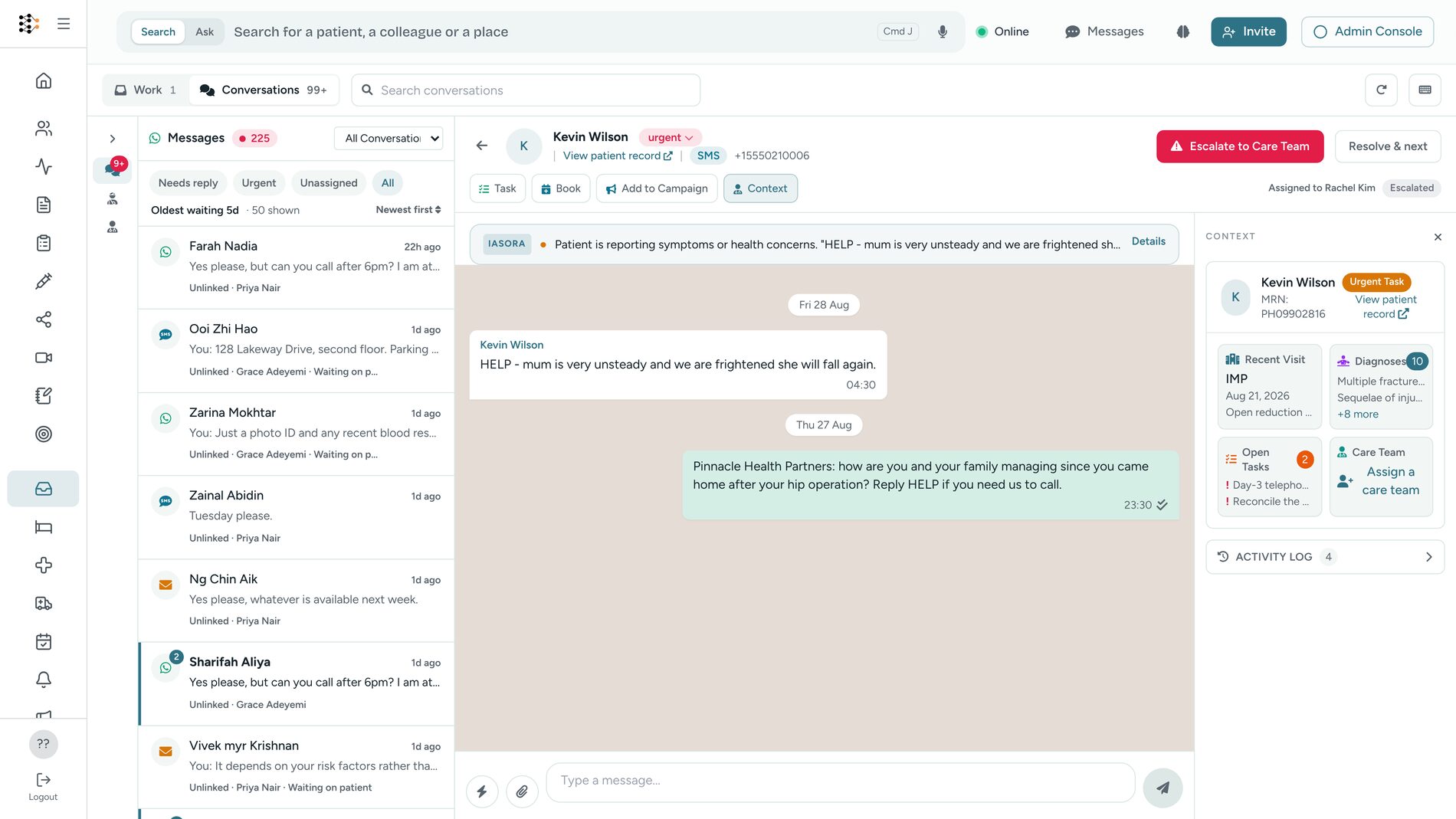 An SMS thread marked urgent, with the classification and its reasoning shown above the conversation and the patient's record in the panel beside it.