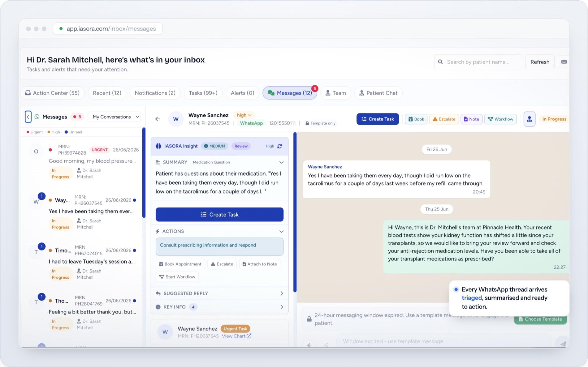 The IASORA inbox showing a WhatsApp conversation linked to a patient record.