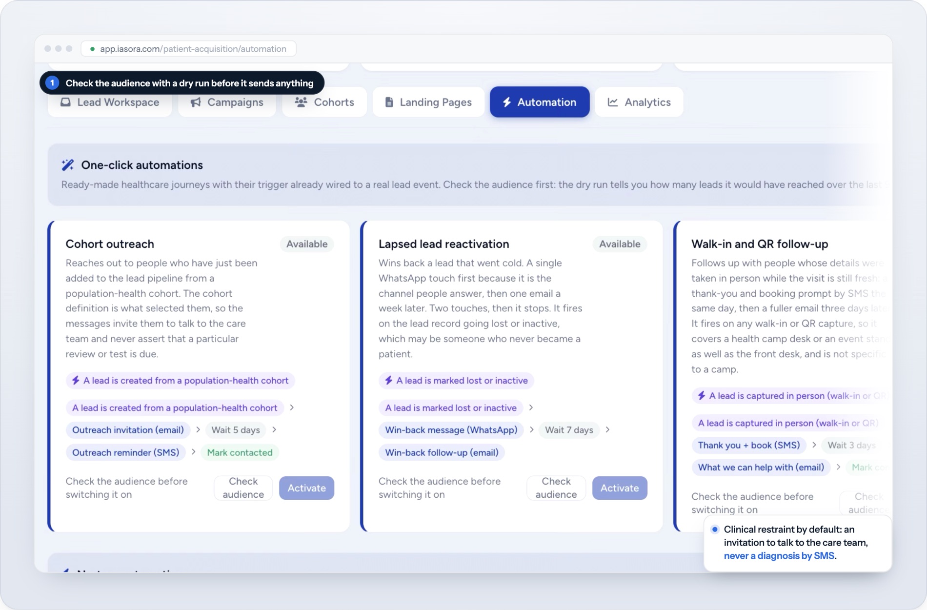 An automation template gallery with Auto-Chaser ready to activate for a clinic.