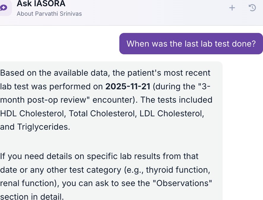Ask IASORA companion answering a question grounded in the patient record