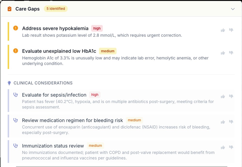 AI-identified care gaps prioritised High, Medium and Low with clinical considerations