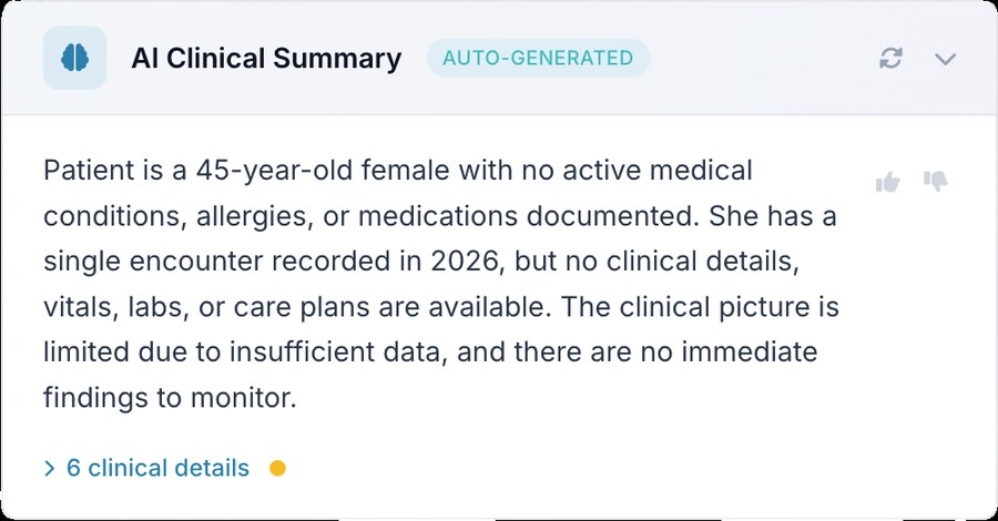 AI Clinical Summary panel auto-generated from the patient record
