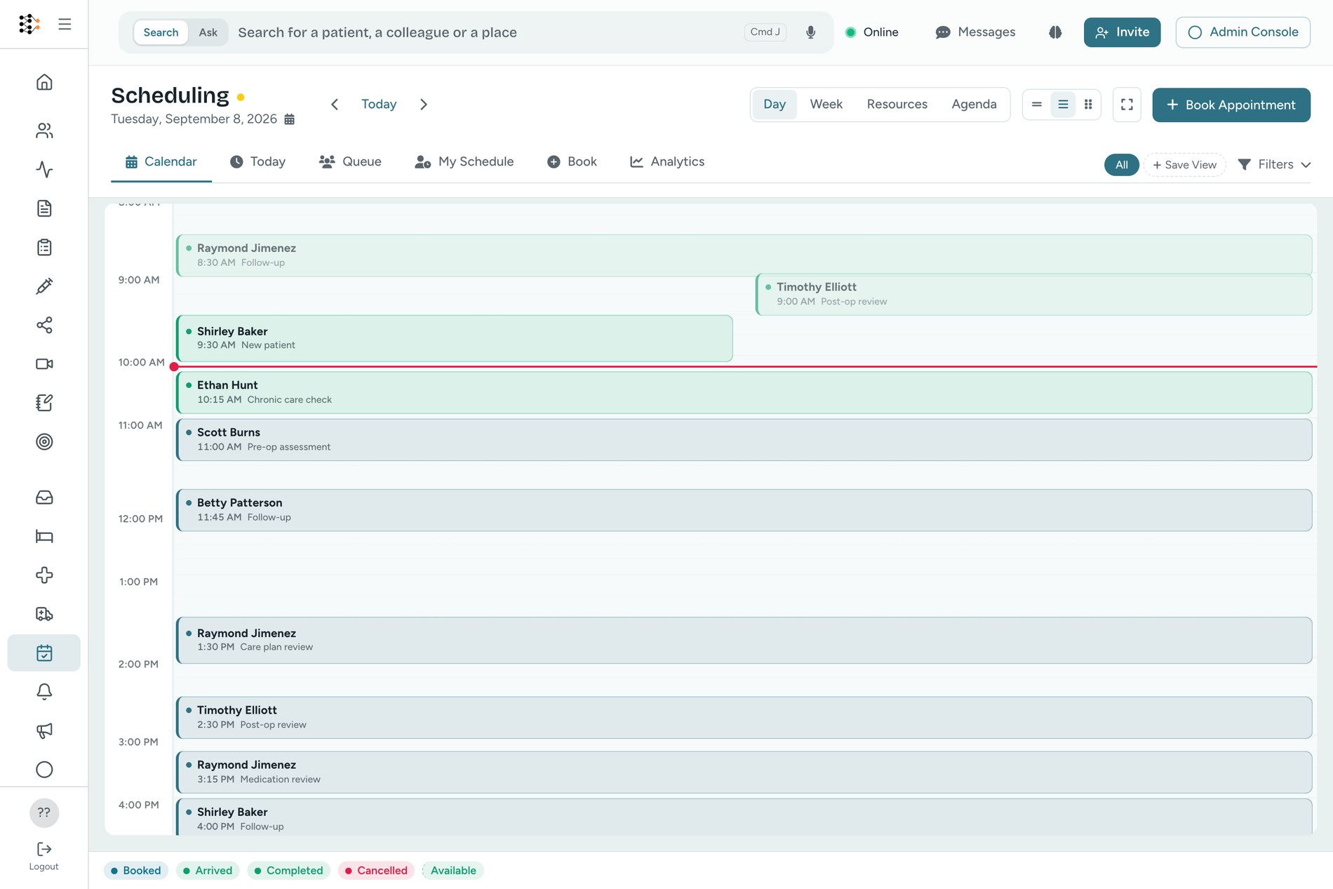 A day view of the scheduling calendar with booked, arrived and completed appointments across the working day.