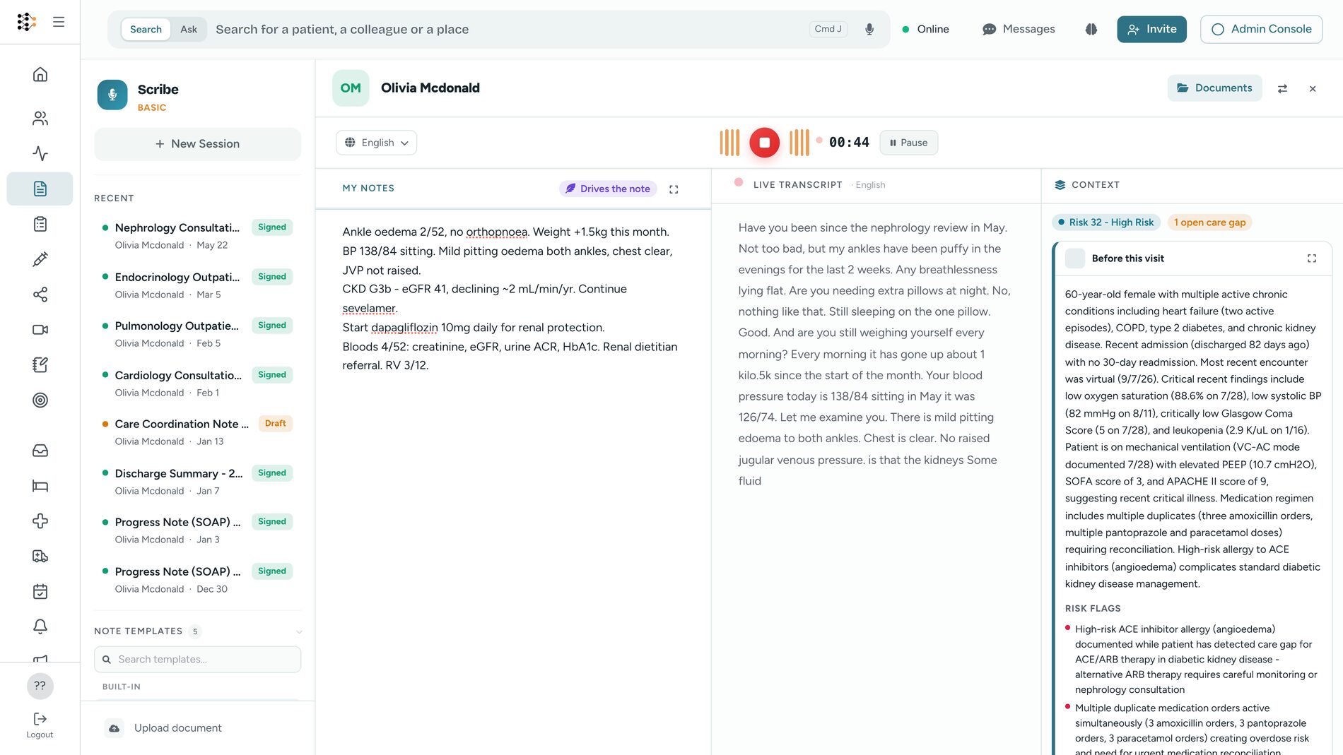 A recording session in progress: the clinician's shorthand notes on the left, the live transcript of the consultation in the middle, and the patient's risk, open care gaps and pre-visit summary in the rail on the right.